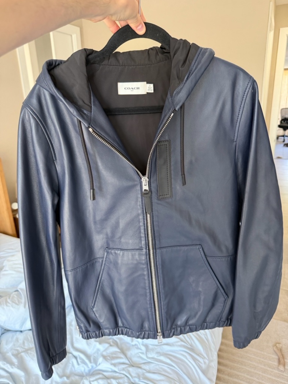 Coach Navy Leather Hooded Bomber Jacket